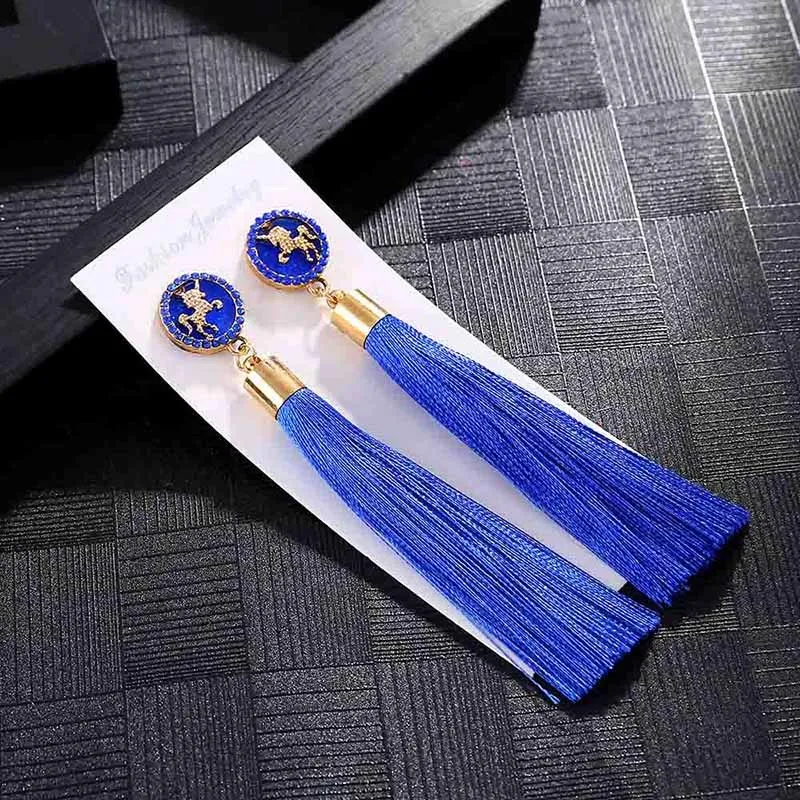 E6072 Trendy Drop Earrings WomenLongBohemianBlueSilkBalckDangleMetalBohoGold Tassel Earrings 2018 Jewelry