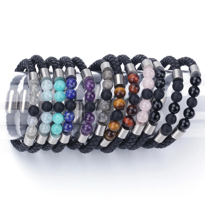 

New Hot Bracelets For Women Fill Beads Leather Strand Bracelet With Magnetic Clasp Wristband Rope Braided Bracelets Jewelry