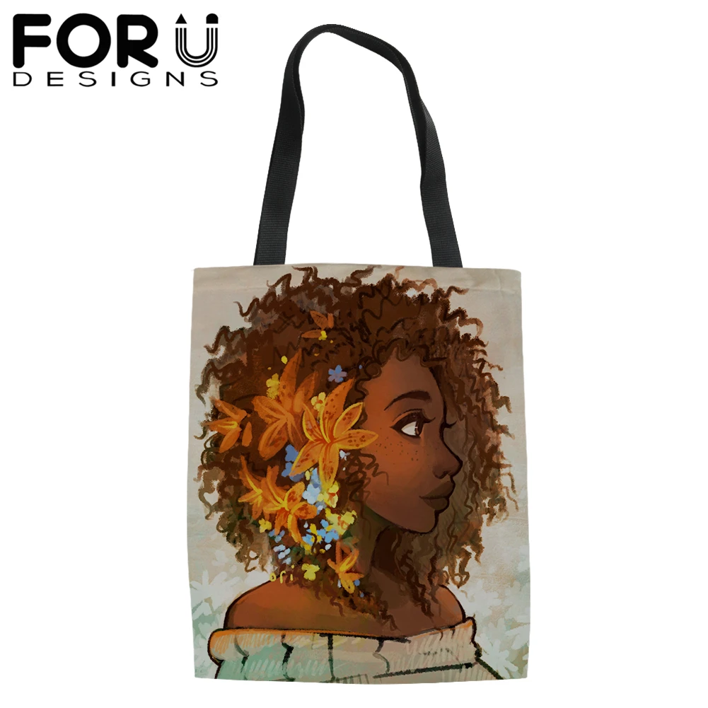 

FORUDESIGNS Women Canvas Shoulder Shopping Bag Female Handbag Afro Art Princess Ladies African Girls Top-Handle Tote Purse Bolsa