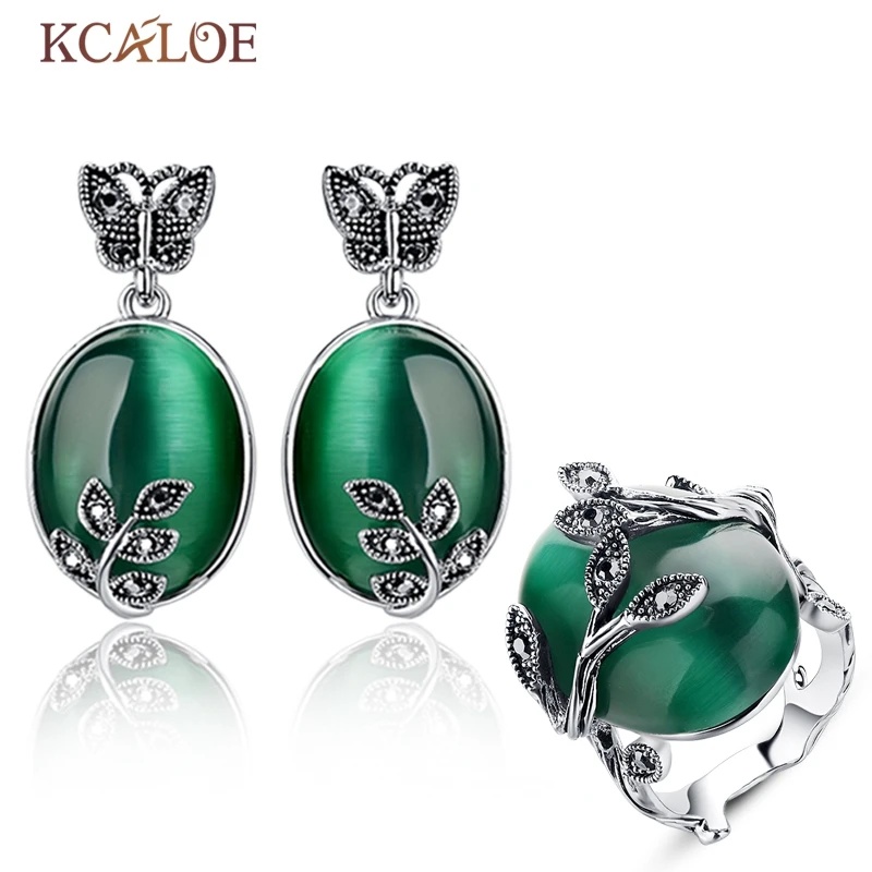 

KCALOE Vintage Earrings Rings For Women Jewellery Set Green Big Opal Stone Black Crystal Rhinestone Jewelry Sets Brinco Grande