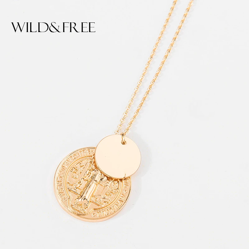 

Wild&Free New Virgin Mary Round Pendant Necklace Gold-color Catholic Religious Jesus Sequins Coin Pendients Necklace Jewelry
