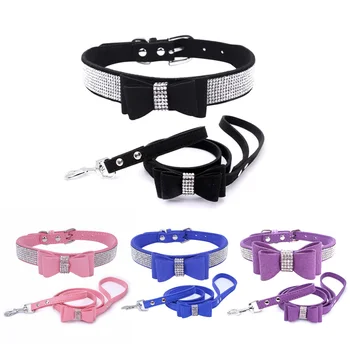 

2pcs Cute Bowknot Suede Leather Rhinestone Dog Collar and Leash Set Pet Puppy Cat Chihuahua Collars For Small Medium Dogs