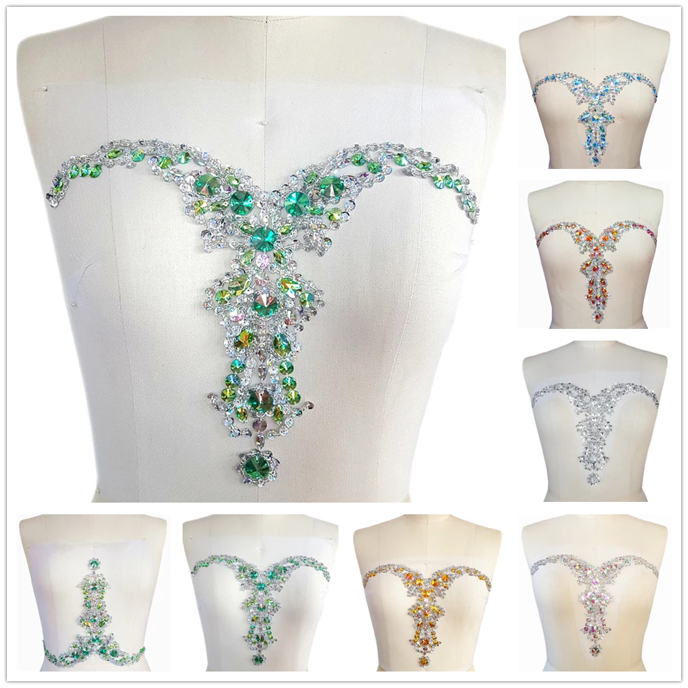 HAndmade V neck Sequin Sew On Neckline Rhinestone Crystal Beaded Trims