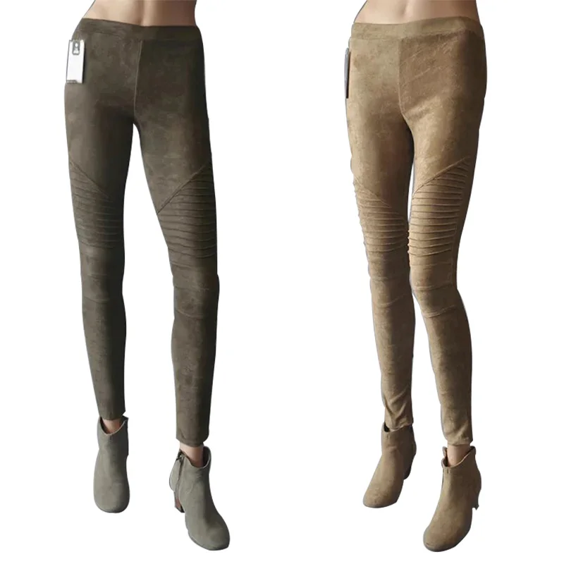 

2019 Women Autumn Suede Leather Skinny Leggings Winter Fold Retro Elastic Slim Pencil Pants Hot High Waist Trousers Femme