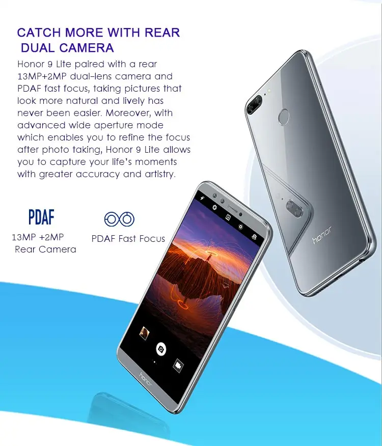 HUAWEI HONOR 9 LITE 3GB RAM 32GB ROM Hisilicon Kirin 659 2.36GHz Octa Core 5.65 Inch FHD+ Full Screen Quad Camera Android 8.0 4G LTE Smartphone