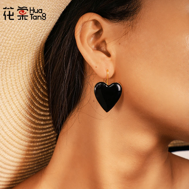 

HuaTang Elegant Black Heart-Shaped Pendant Drop Earring For Women Piercing Earrings Girlfriend Gift Jewelry Orecchini C16105