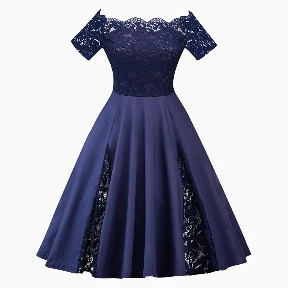 

2019 Sexy Off Shoulder Women Dress A-line Pleated High Waist Short Sleeves Lace Dress Evening Party Ladies Plus Size Swing Dress
