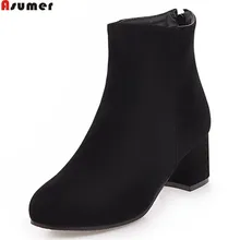 ASUMER/ горячая распродажа; Новое поступление; женские ботинки из флока на молнии с круглым носком; цвет черный, желтый, красный, бежевый; ботильоны на квадратном каблуке