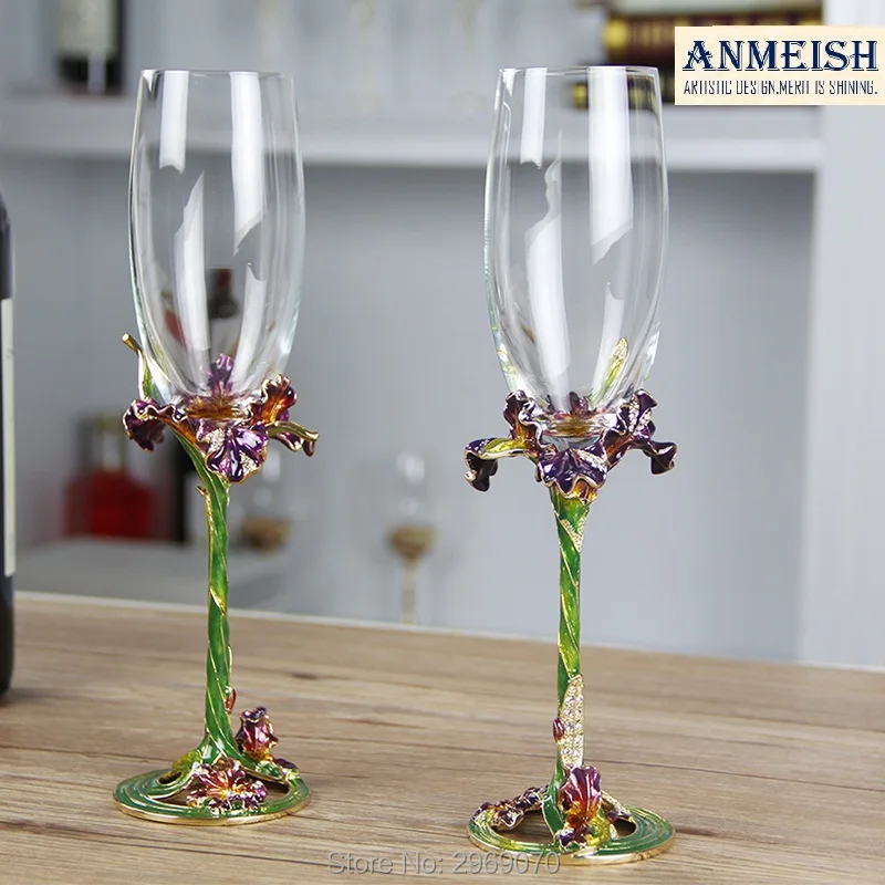 Luxury Wine Glass Hand Made Enamel Gold Iris Artistic Design Non lead