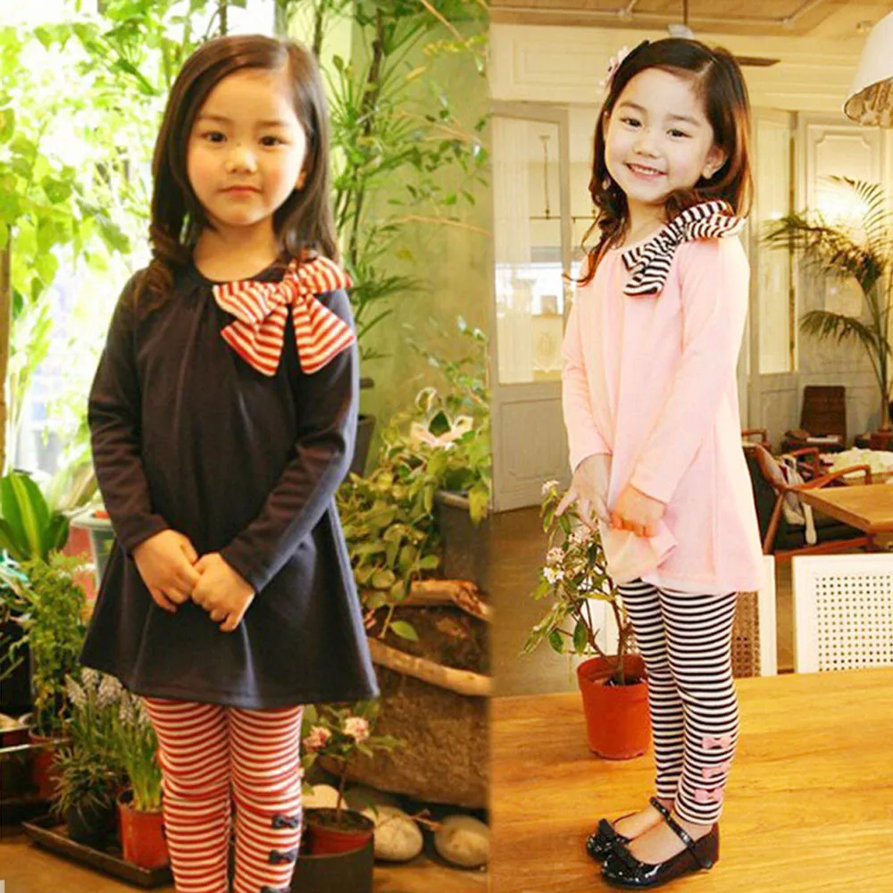 Одежда 2 предмета, детская одежда для маленьких девочек платье с длинными рукавами и бантом, футболка+ штаны в полоску, осенне-зимний детский костюм T