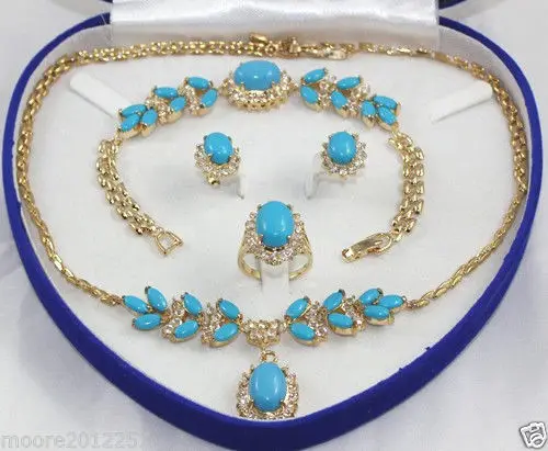 

Fast shipping +Super lovely 18K GP Yellow Gold Turquoise Necklace Bracelet Earring Ring Set (A0503)