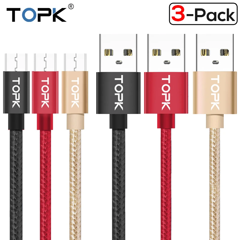 

TOPK [3-Pack] Micro USB Cable Nylon Braided Data Sync Charger USB Cable for Samsung Xiaomi Huawei Microusb Android Device