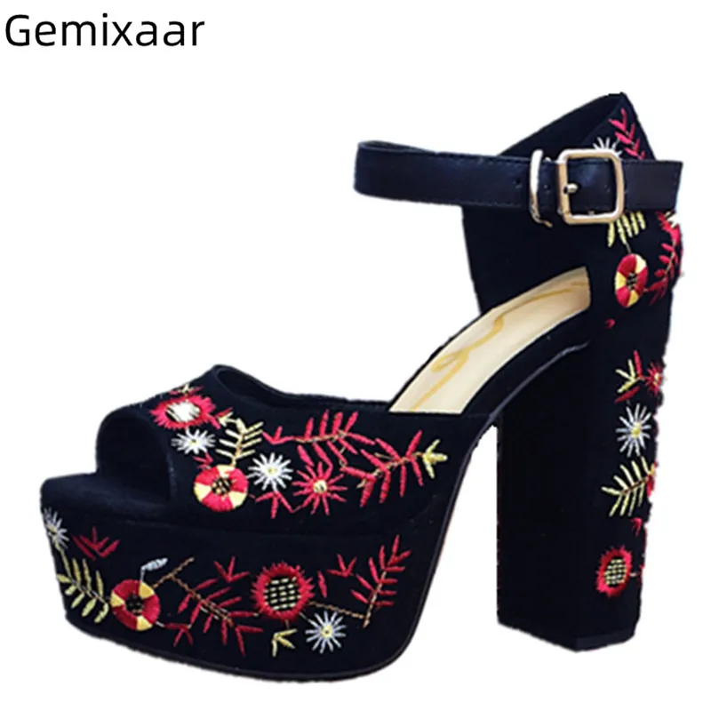 

Embroider Sandals Shoes Woman 5cm Platform 12.5cm Chunky Square Heels Walking Shoes Black Kid Suede Embroidered Flowers Sandals