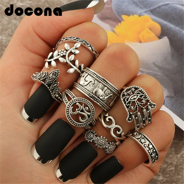 Docona Boho Elefante Fiore Midi Anelli di Barretta Set per Le Donne Punk Scava F Docona Boho Elefante Fiore Midi Anelli di Barretta Set per Le Donne Punk Scava F