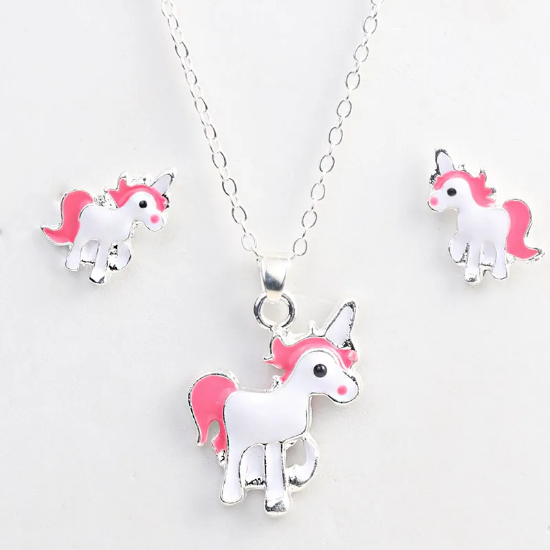 

New Arrival Hot Sale Unicorn Necklace Earring Animal Jewelry Sets Cartoon Horse Jewellery Set For Girls