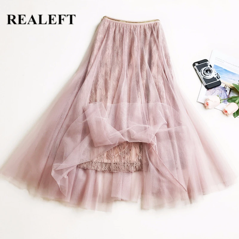 REALEFT 2019 Новое поступление женские элегантные сетчатые вечерние длинные юбки с высокой талией розовые кружевные плиссированные юбки до