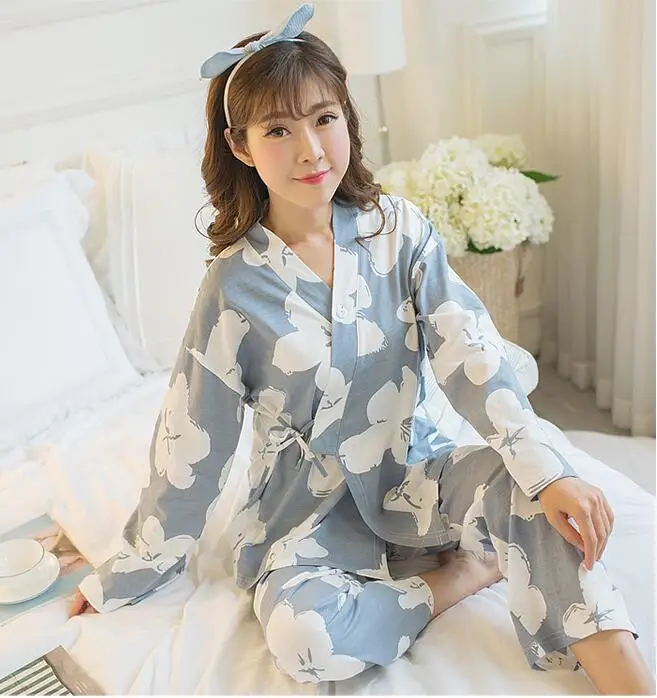 Woman pajamas 100 cotton Long sleeves Spring Kimono pajamas Japanese