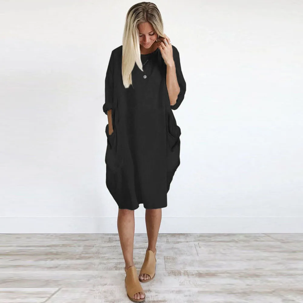 

Womens Dress Pocket Loose Dress Ladies Crew Neck Casual Long Tops Dress Plus Size Vestidos Verano Women Dress Vestidos Mujer