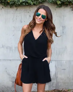 

2017 Women Sexy Fashion Playsuit Holiday Strap V-Neck Solid Playsuit Ladies Summer Regular Beach Fashion Casual Playsuits