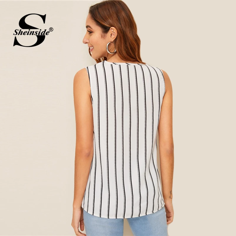 Sheinside Элегантная блузка без рукавов с v-образным вырезом для женщин летние полосатые повседневные минималистичные блузки женские черно-белые топы