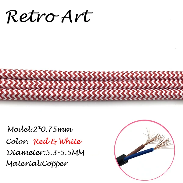 Золотой-декоративный тканевый плетеный кабель в винтажном стиле Эдисона, электрический провод, антикварные текстильные плетеные лампы, шнур 2*0,75 мм - Цвет: Red and White