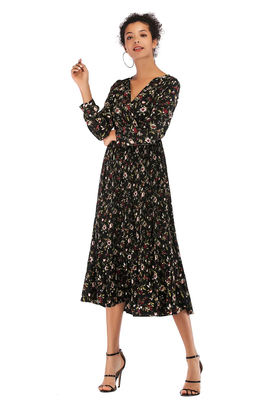 Gladiolus Hot 2018 Autumn Dress Women Long Sleeve V-Neck Sexy Floral Print Tunic Loose Midi Chiffon Dress Women Beach Sundress (20)