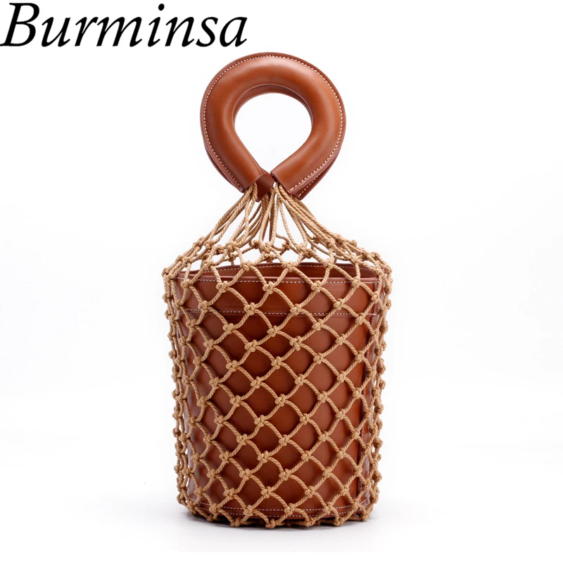 

Burminsa Summer Net Bucket Genuine Leather Handbags Women Small Woven Beach Bags Unique Ladies Tote Bags 2019 White Red Brown