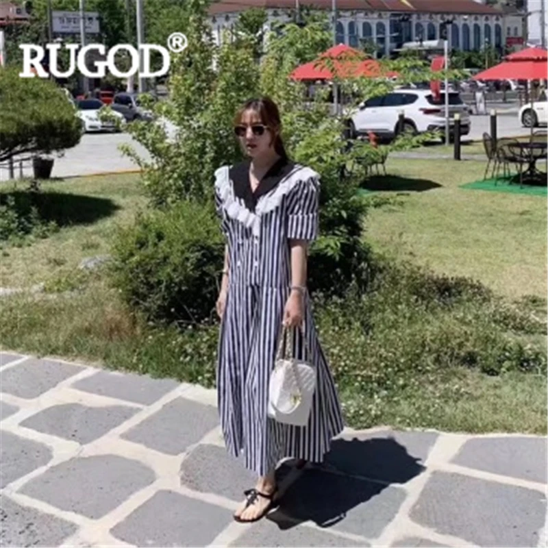 Женское платье в полоску RUGOD с отложным воротником кружевное Свободное длинное