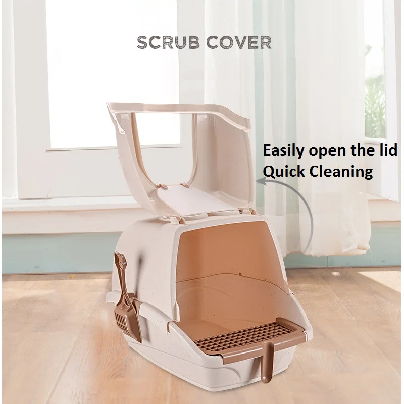 Big Size Cat Litter Box , Easy Clean Fully Enclosed Cat Toilet , Reduce Litter Scatter Up to 95% , w/ Shovel & Sand Drain Pedal