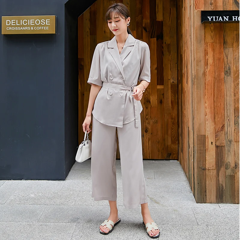 

Summer Women Pant Suits Double-breasted Short Sleeve Lace Up Jacket Blazer & Elastic Waist Loose Pant Casual Female 2 Pieces Set
