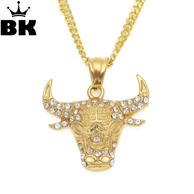 African Tribe Style Bull Head Pendant Necklace For Man Boy Gothic Iced Out Rhinestone Men's Stainless Steel Cow Jewelry | Украшения и