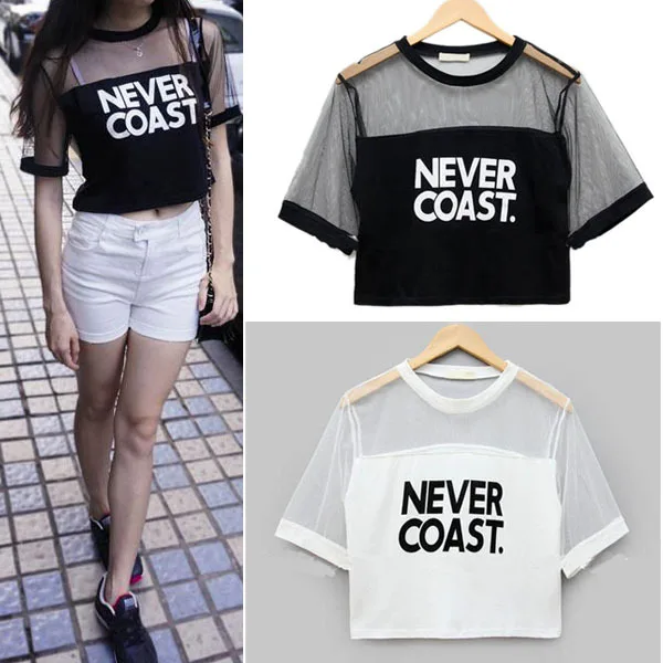 

2019 Women Transparent T-Shirt Crop Top Shirt Sleeve Mesh See-through Short Tops For PL2