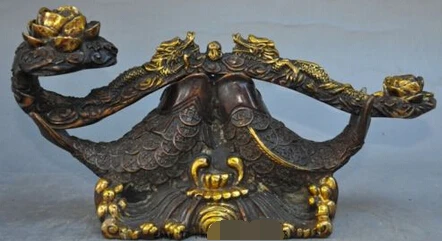 

xd 002594 6" Chinese Bronze Gilt FengShui Lotus Fish dragon Play Bead wealth Ru Yi Statue