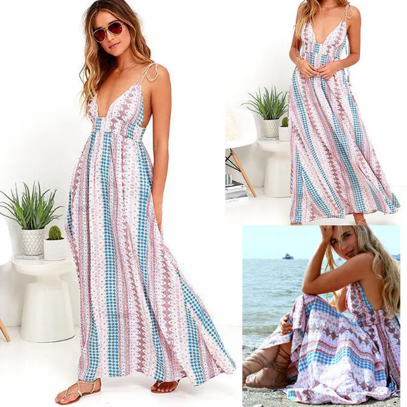 Women Ladies Summer Beach Dress Boho Sundress Sleeveless Strapless Belt