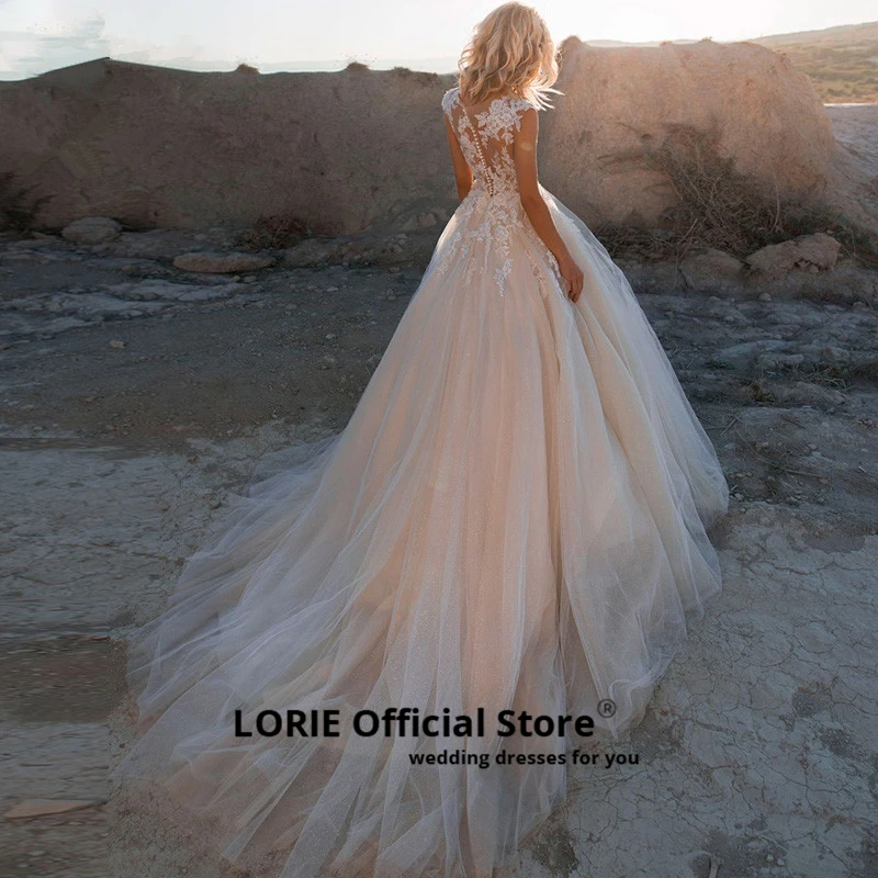 LORIE 2020 Scoop Lace Applique A Line Wedding Dresses Sleeveless Tulle Boho Bridal Gown vestido de noiva Long Train trouwkleed
