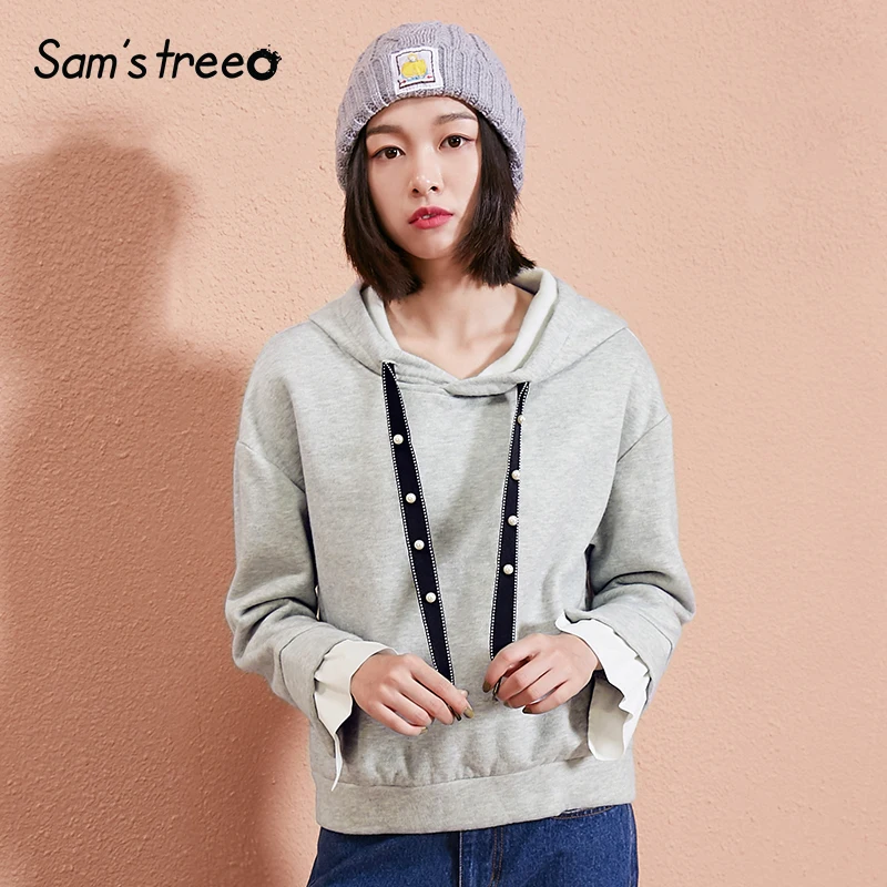 

Samstree Spring Autumn Women Hoodies Pullover Patchwork Solid Color Female Sweatshirt Drawstring Pearl Drop-shoulder Girls Tops