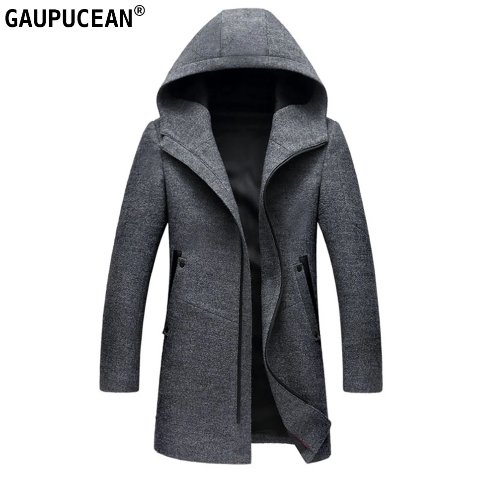 Man Wool Hooded Jacket Long High Quality Hoodie Zipper Casual Black Grey Male Trench Pockets Overcoat Warm Men Woolen Coat Man Wool Hooded Jacket Long High Quality Hoodie Zipper Casual Black Grey Male Trench Pockets Overcoat Warm Men Woolen Coat