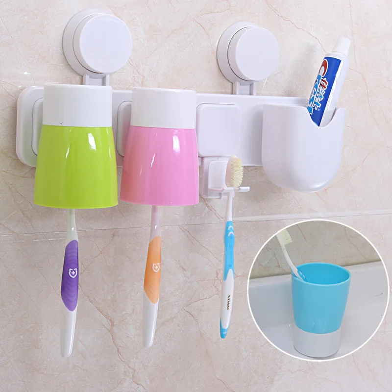 

New Toothpaste Storage Rack Simple Double Suction Cup With Three Brushing Cup Toothbrush Holder Practical Bathroom Accessories
