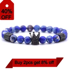

Man Bracelet Crown Micro Pave CZ Zirconia Hexagon Strand Bracelets 8mm Natural Stone Bead Bracelet Bangle For Men Couple Jewelry