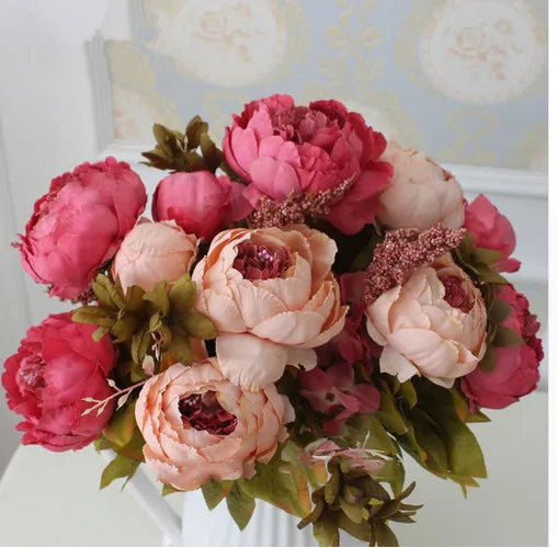 

Hight Quality Silk Flower European 1 Bouquet Artificial Flowers Fall Vivid Peony Fake Leaf Wedding Home Party Decoration