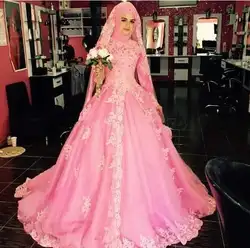 Robe De Mariage Саудовская Аравия одежда с длинным рукавом мусульманская мать невесты платье розовый кружевной Дубай Свадебные Бальные платья