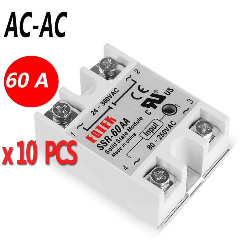 10 Pz Ssr 60A Monofase Relè A Stato Solido Ssr-Aa Ssr-250Vac Per 24-380Vac Ac-Ac