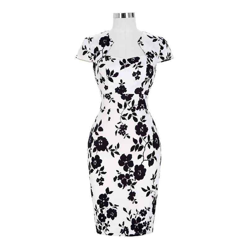 Elegant Colorful Office Summer Dress Women Fashion Flowers Print Sexy Bodycon Party Sheath Vestidos Cap Sleeve 3XL Vintage 50s