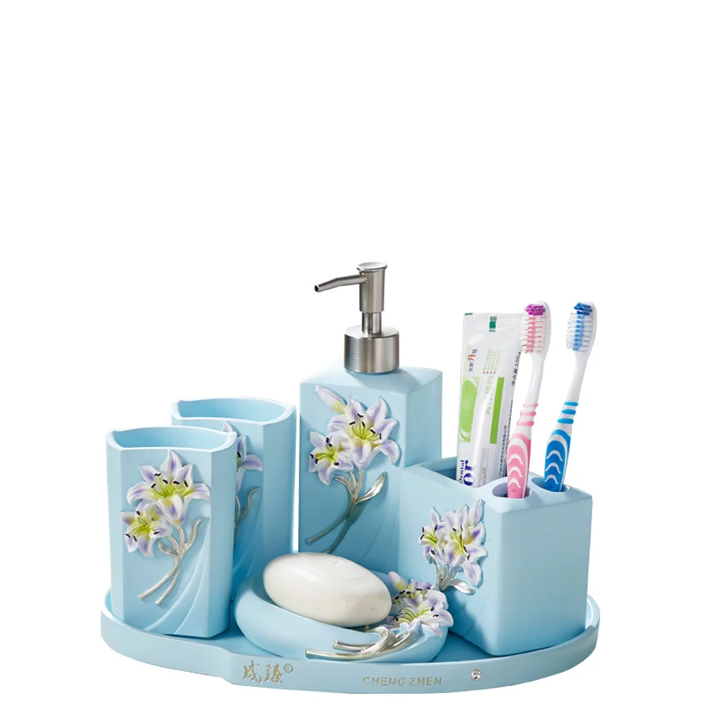A1 Creative home bathroom five-piece lily blue bathroom wash bathroom bathroom tray LO724247 A1 Creative home bathroom five-piece lily blue bathroom wash bathroom bathroom tray LO724247
