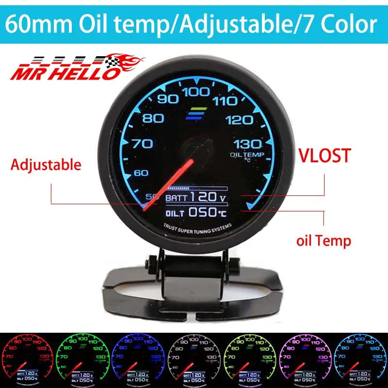 

GDy Gauge Oil Temp Gauge 7 Light Color LCD Display With Voltage Oil Temperature Gauge 62mm 2.5" With Sensor Greddi Gauge