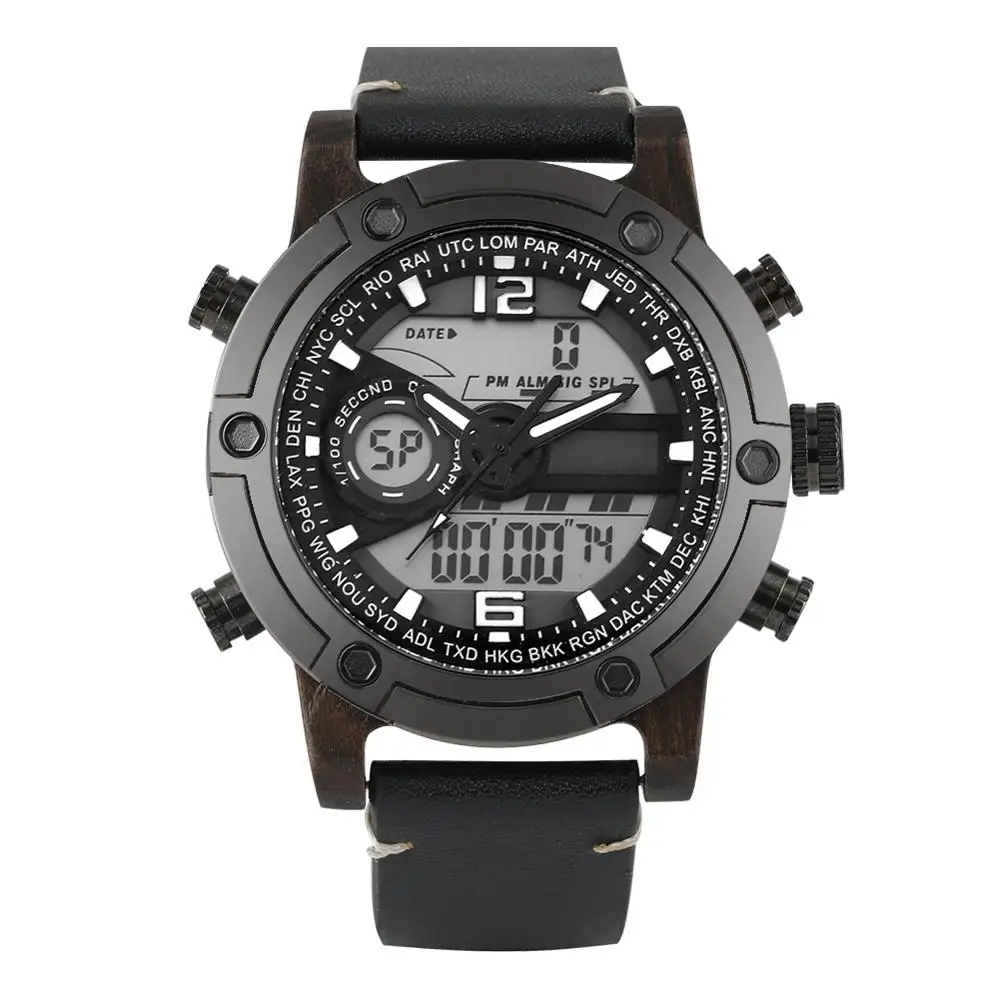 

Exquisite Quartz Wooden Watch Men Casual Sport Wood Watches Male Multifunctional Digital Analog Double Display Reloj Hombre