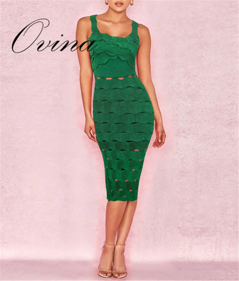 

Green Fashion Celebrity Strap Sleeveless Mid Calf Rayon Bandage Women Dress Night Party Dress
