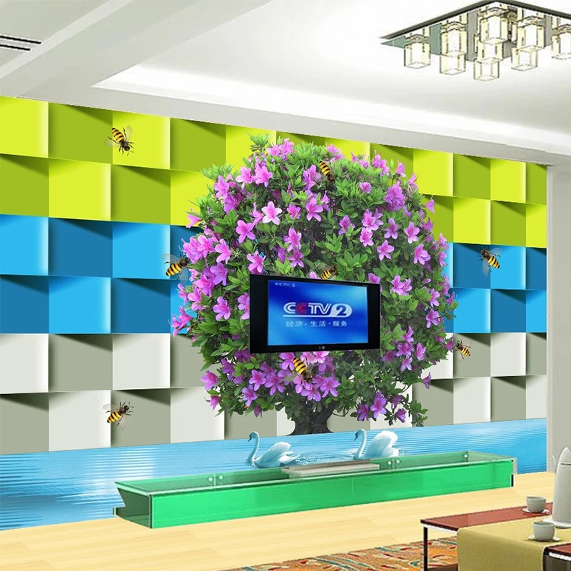 

3D Embossed Custom Mural Wallpaper For Wall Modern Art Floral Trees Stereoscopic Cubes Swan Photo Non-woven Mural Home Decor