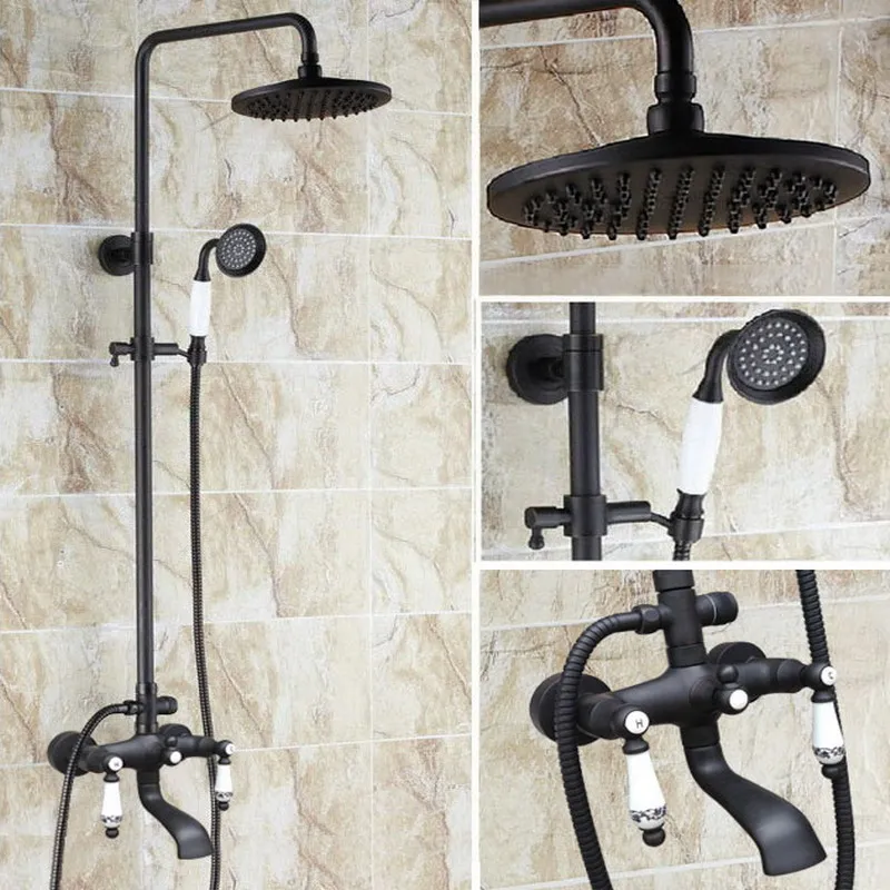 

Black Oil Rubbed Brass Wall Mounted Waterfall Rain Shower Faucet Set Dual Ceramic Lever Handle Bathroom Bathtub Water Tap ahg126