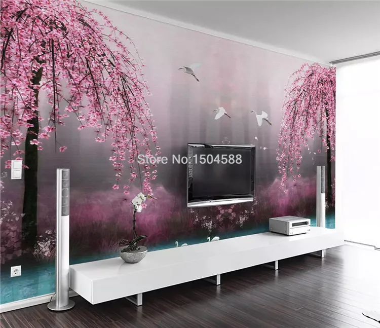 Пользовательские фрески обои 3D Розовый Вишневый цвет Лебединое озеро пейзаж фото обои Гостиная ТВ диван спальня фон стены